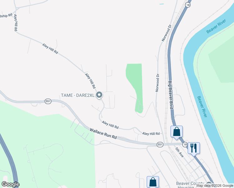map of restaurants, bars, coffee shops, grocery stores, and more near 212 Aley Hill Road in Beaver Falls