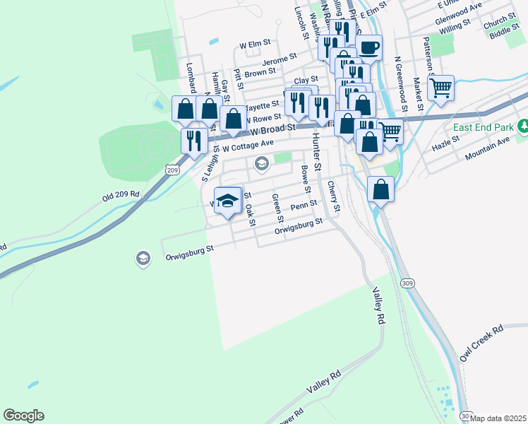 map of restaurants, bars, coffee shops, grocery stores, and more near 221 Penn Street in Tamaqua