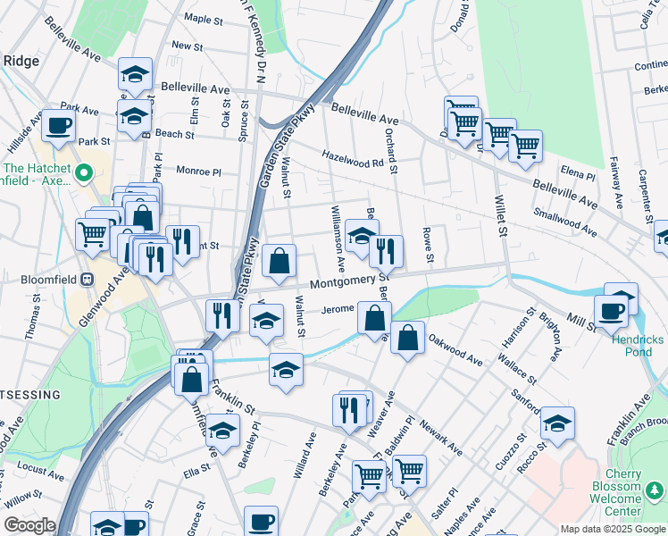 map of restaurants, bars, coffee shops, grocery stores, and more near 190 Montgomery Street in Bloomfield