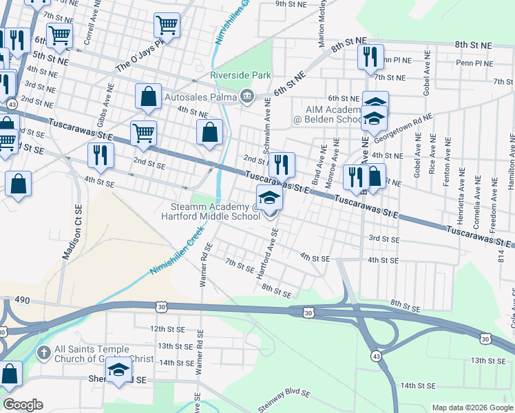 map of restaurants, bars, coffee shops, grocery stores, and more near 7 School Bus Loop in Canton