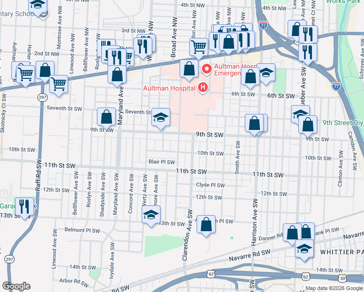 map of restaurants, bars, coffee shops, grocery stores, and more near 1008 Dartmouth Avenue Southwest in Canton