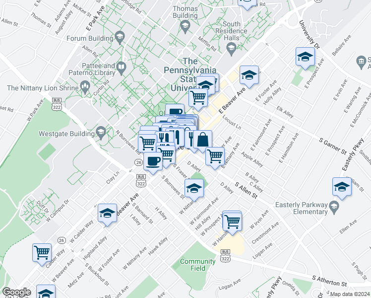 map of restaurants, bars, coffee shops, grocery stores, and more near 202 South Allen Street in State College