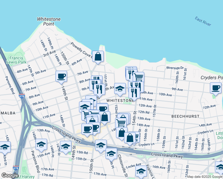map of restaurants, bars, coffee shops, grocery stores, and more near 151-57 11th Avenue in Queens