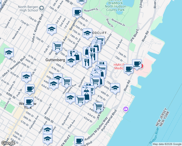 map of restaurants, bars, coffee shops, grocery stores, and more near 137 69th Street in Guttenberg