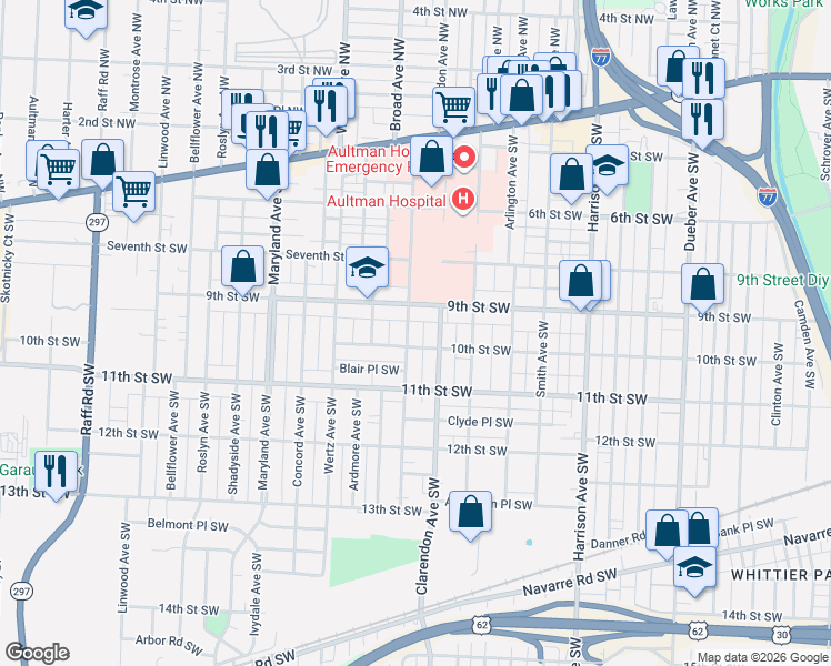 map of restaurants, bars, coffee shops, grocery stores, and more near 1008 Dartmouth Avenue Southwest in Canton
