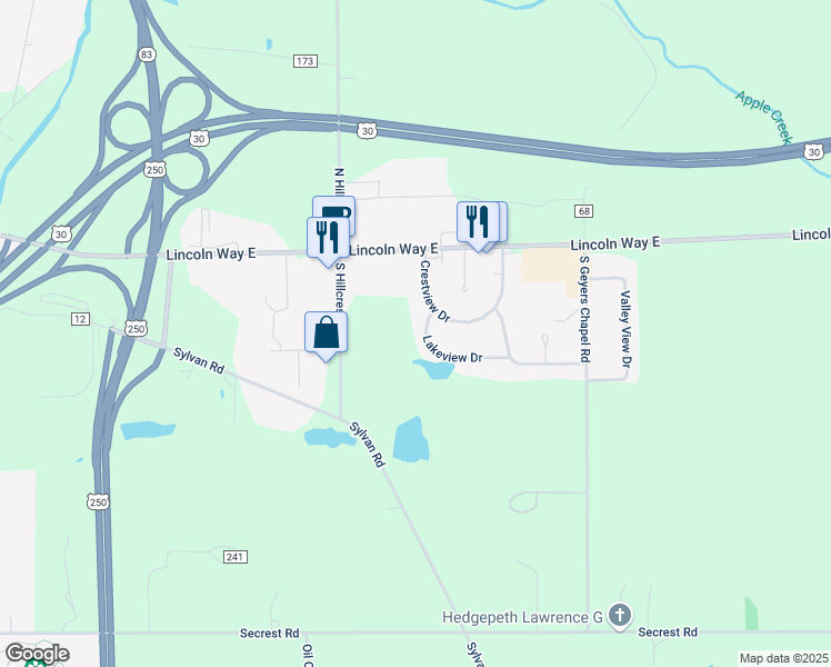 map of restaurants, bars, coffee shops, grocery stores, and more near 392 South Hillcrest Drive in Wooster