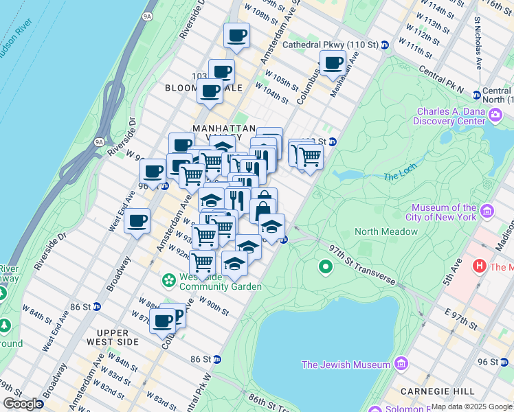map of restaurants, bars, coffee shops, grocery stores, and more near 58 West 97th Street in New York