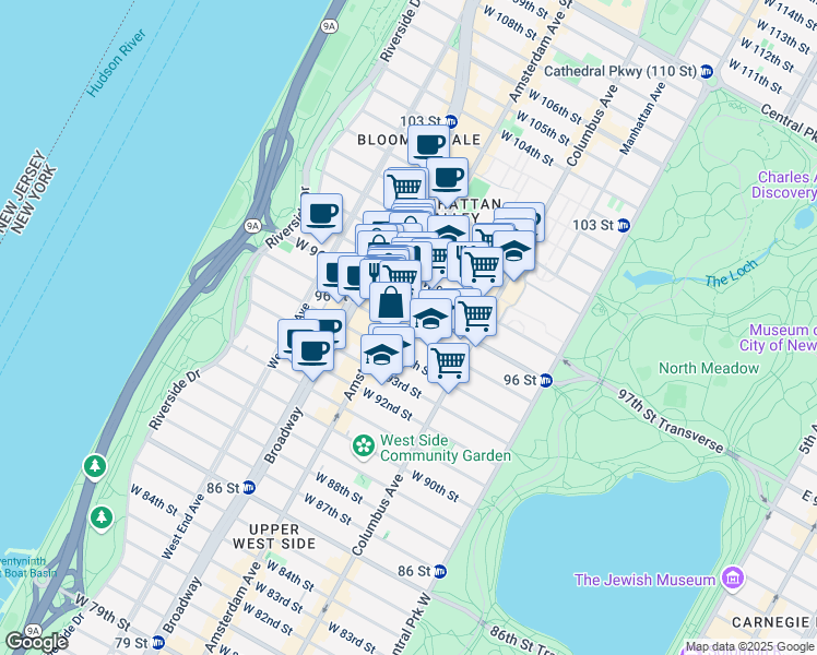 map of restaurants, bars, coffee shops, grocery stores, and more near 743 Amsterdam Avenue in New York