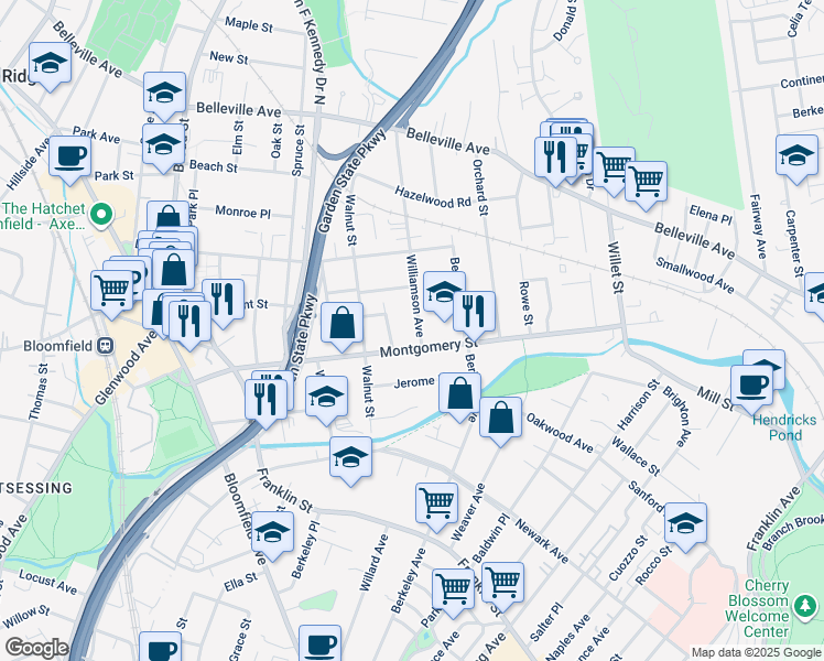 map of restaurants, bars, coffee shops, grocery stores, and more near 22 Walnut Terrace in Bloomfield