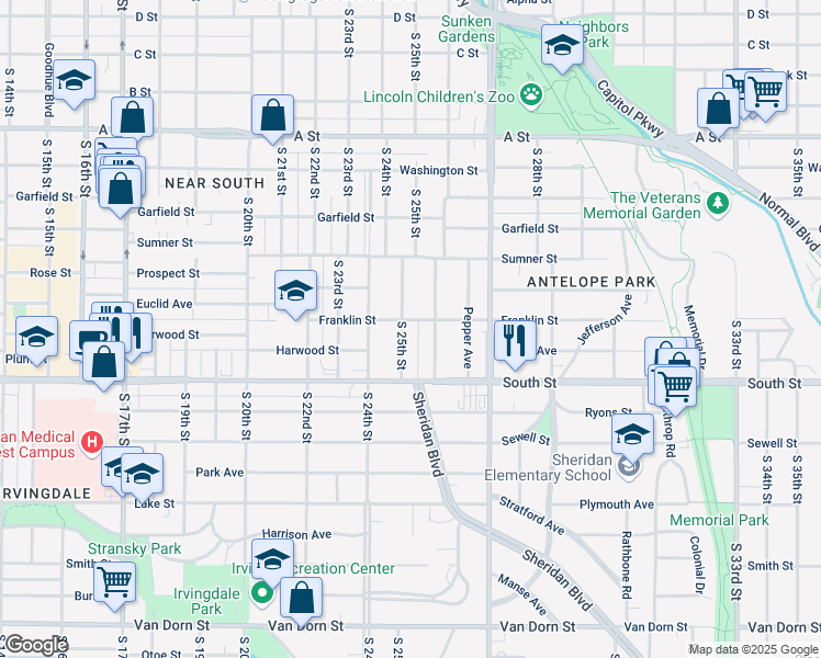 map of restaurants, bars, coffee shops, grocery stores, and more near 1900 South 25th Street in Lincoln