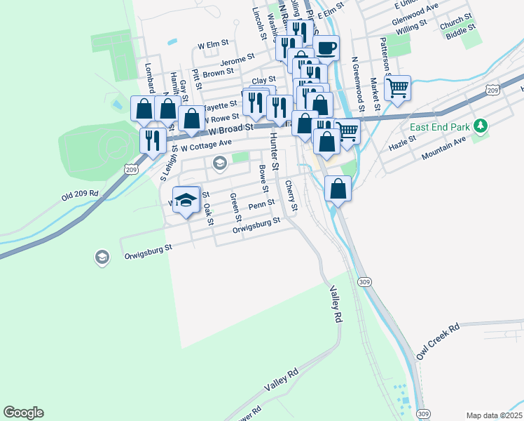 map of restaurants, bars, coffee shops, grocery stores, and more near 136 Penn Street in Tamaqua