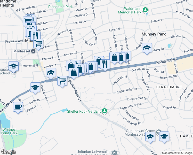 map of restaurants, bars, coffee shops, grocery stores, and more near 1552 Northern Boulevard in Manhasset