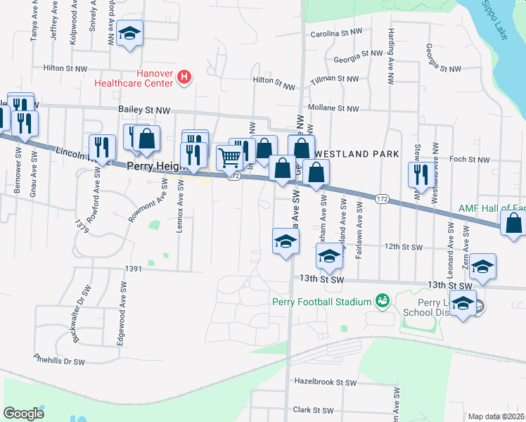 map of restaurants, bars, coffee shops, grocery stores, and more near 3469 Lincoln Way East in Massillon