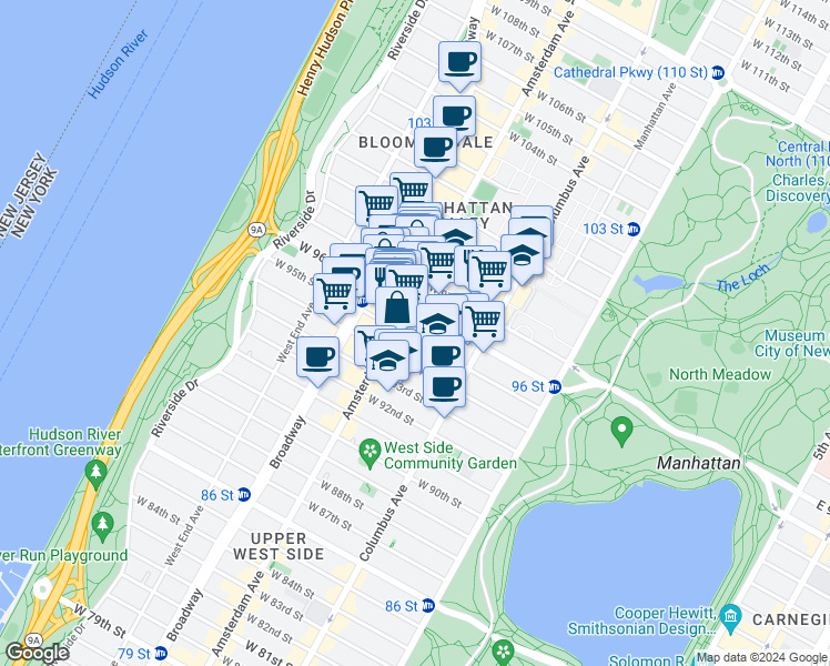 map of restaurants, bars, coffee shops, grocery stores, and more near 165 West 95th Street in New York