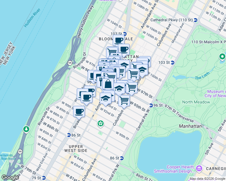 map of restaurants, bars, coffee shops, grocery stores, and more near 165 West 95th Street in New York
