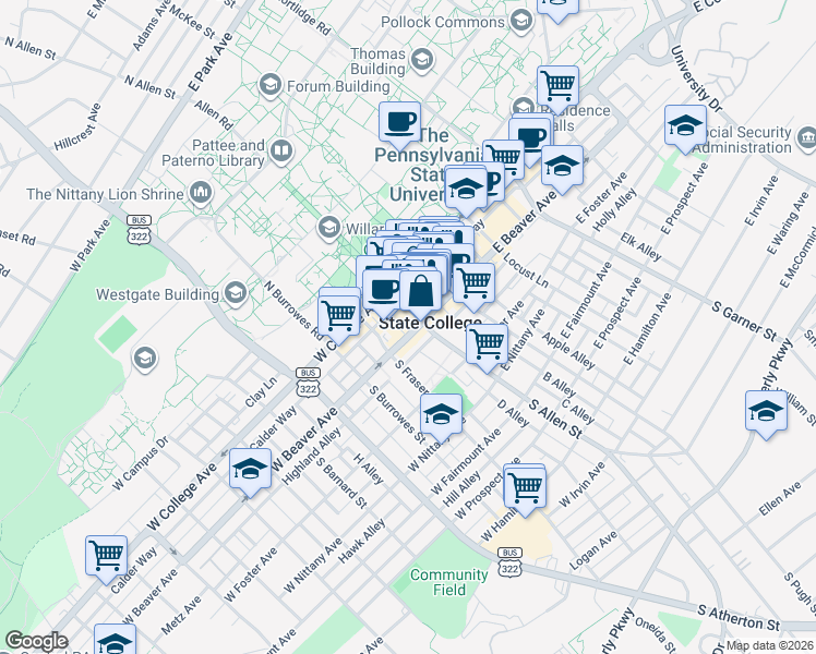 map of restaurants, bars, coffee shops, grocery stores, and more near in State College
