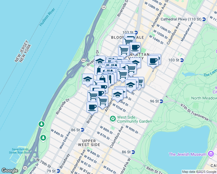 map of restaurants, bars, coffee shops, grocery stores, and more near 241 West 94th Street in New York
