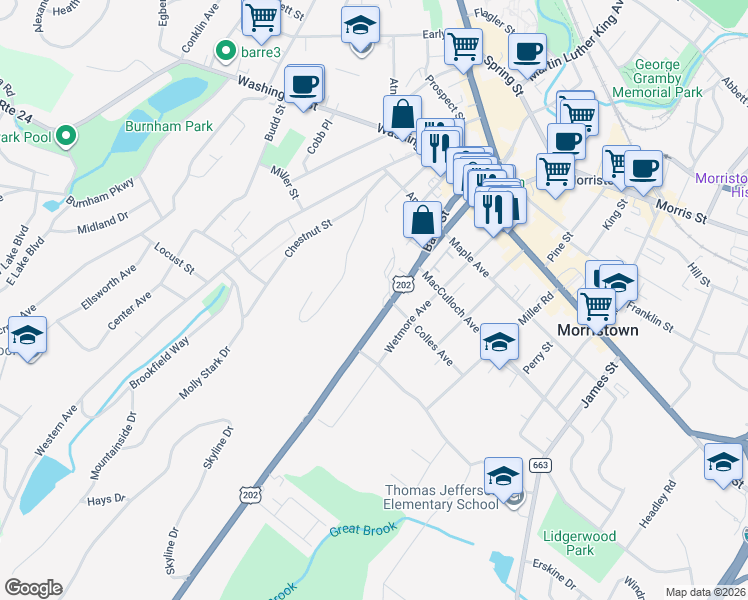 map of restaurants, bars, coffee shops, grocery stores, and more near 23 Mount Kemble Avenue in Morristown