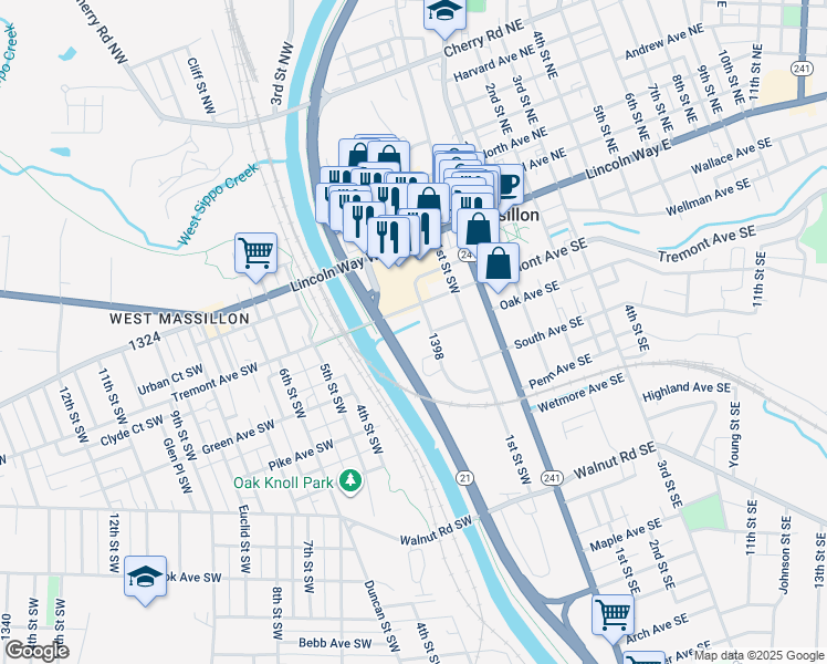 map of restaurants, bars, coffee shops, grocery stores, and more near 223 2nd Street Southwest in Massillon