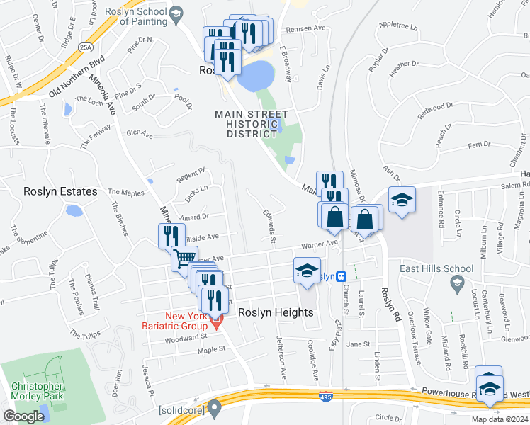 map of restaurants, bars, coffee shops, grocery stores, and more near 27-199 Edwards Street in Roslyn Heights
