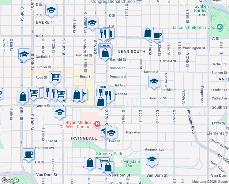 map of restaurants, bars, coffee shops, grocery stores, and more near 1740 Harwood Street in Lincoln