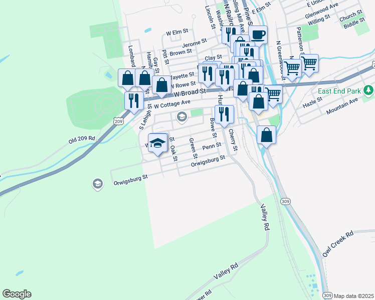 map of restaurants, bars, coffee shops, grocery stores, and more near 213 Penn Street in Tamaqua