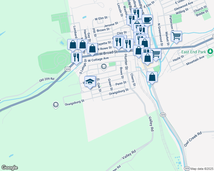 map of restaurants, bars, coffee shops, grocery stores, and more near 213 Penn Street in Tamaqua