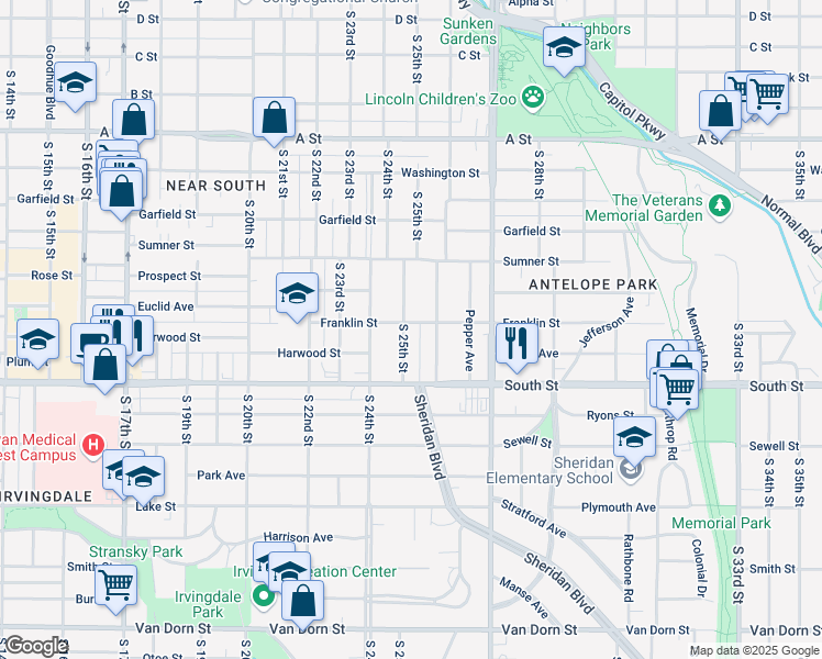 map of restaurants, bars, coffee shops, grocery stores, and more near 1900 South 25th Street in Lincoln