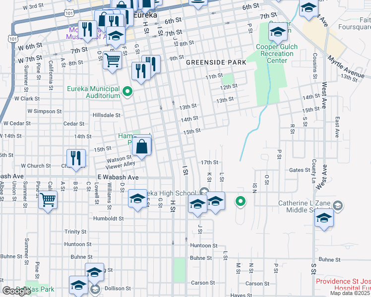 map of restaurants, bars, coffee shops, grocery stores, and more near 1526 J Street in Eureka