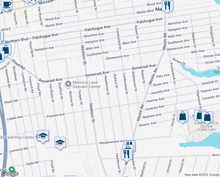 map of restaurants, bars, coffee shops, grocery stores, and more near 139 Hawthorne Street in Mastic