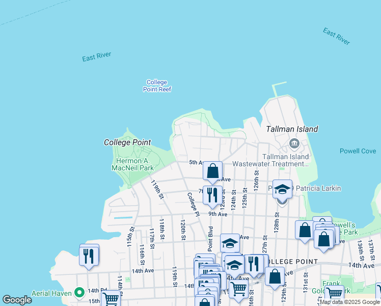 map of restaurants, bars, coffee shops, grocery stores, and more near 332B Soundview Lane in Queens