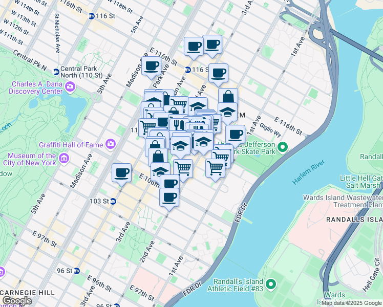 map of restaurants, bars, coffee shops, grocery stores, and more near 236 East 111th Street in New York