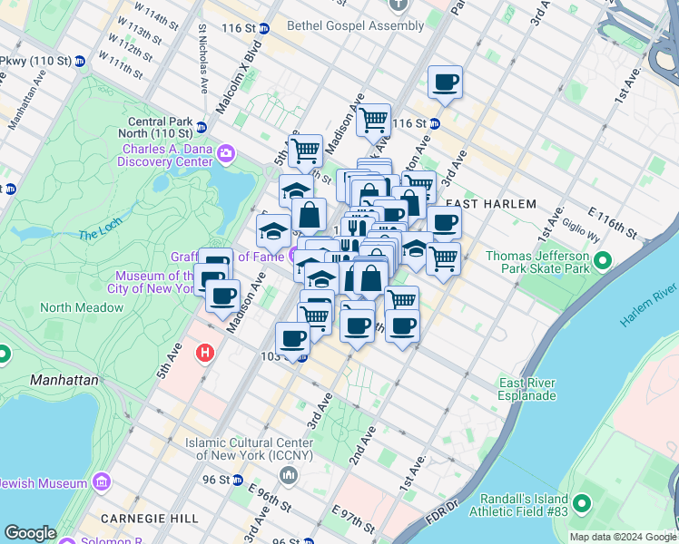 map of restaurants, bars, coffee shops, grocery stores, and more near in New York