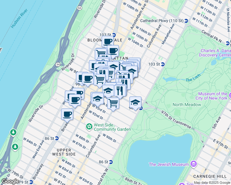 map of restaurants, bars, coffee shops, grocery stores, and more near 784 Columbus Avenue in New York