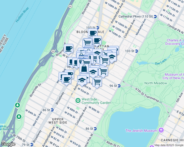 map of restaurants, bars, coffee shops, grocery stores, and more near 743 Amsterdam Avenue in New York