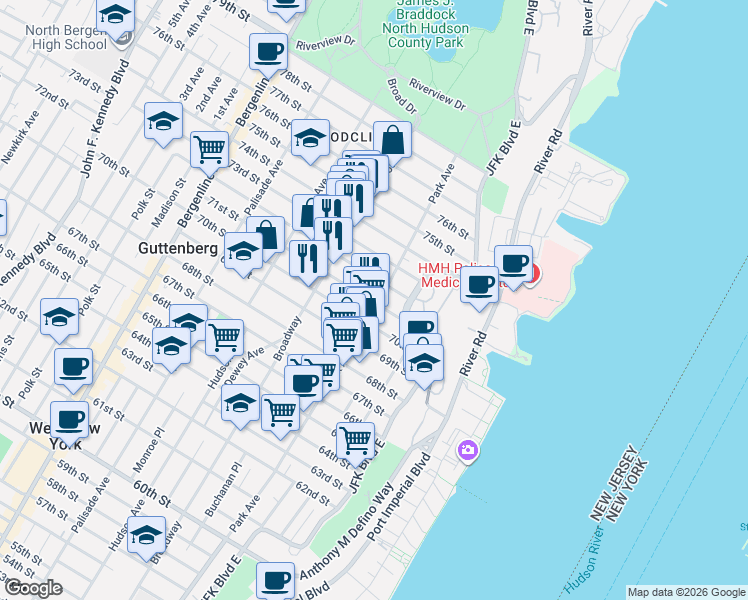 map of restaurants, bars, coffee shops, grocery stores, and more near 7203 Park Avenue in North Bergen