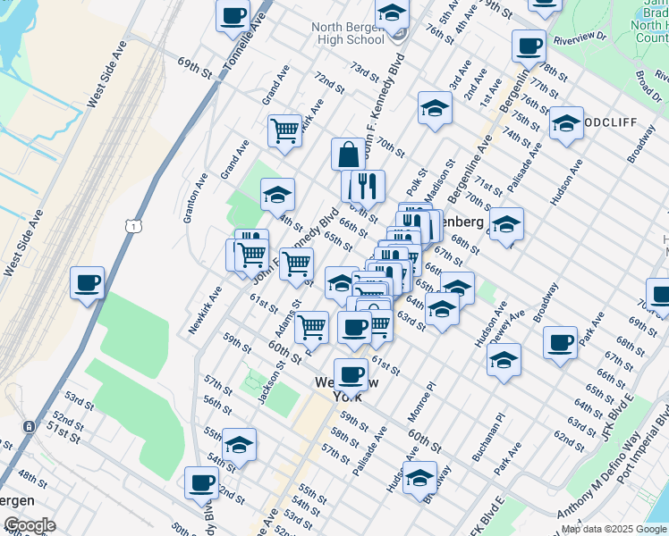 map of restaurants, bars, coffee shops, grocery stores, and more near 6312 Jefferson Street in West New York