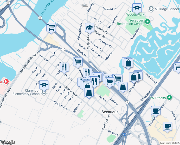 map of restaurants, bars, coffee shops, grocery stores, and more near 1400 Paterson Plank Road in Secaucus