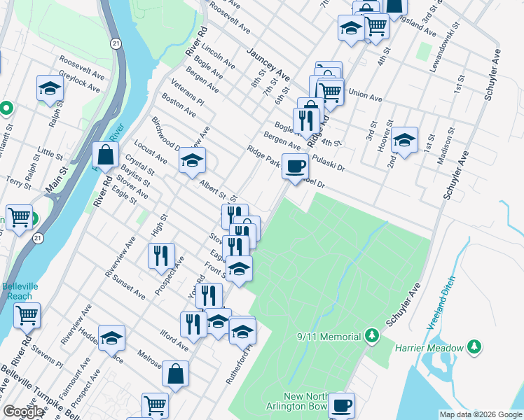 map of restaurants, bars, coffee shops, grocery stores, and more near 425 Ridge Road in North Arlington