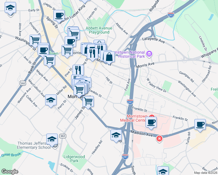 map of restaurants, bars, coffee shops, grocery stores, and more near 45 Hill Street in Morristown