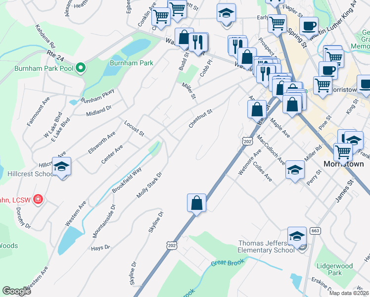 map of restaurants, bars, coffee shops, grocery stores, and more near 82 Chestnut Street in Morristown