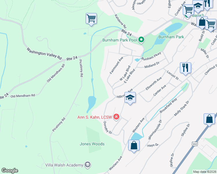 map of restaurants, bars, coffee shops, grocery stores, and more near 49 West Lake Boulevard in Morristown
