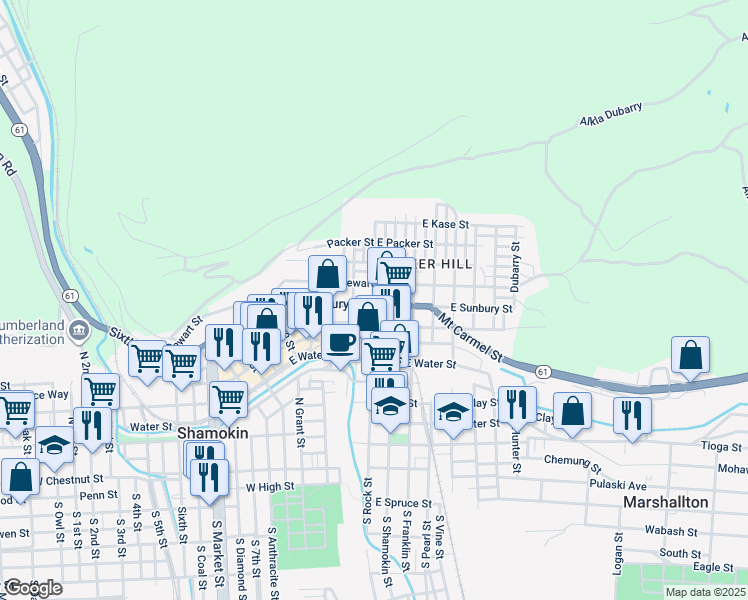 map of restaurants, bars, coffee shops, grocery stores, and more near 315 East Dewart Street in Shamokin