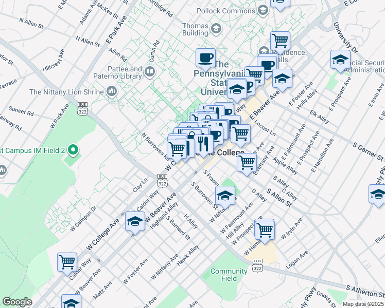 map of restaurants, bars, coffee shops, grocery stores, and more near in State College