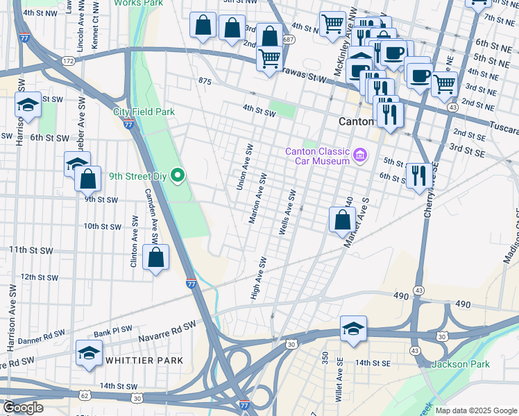 map of restaurants, bars, coffee shops, grocery stores, and more near 746 Marion Avenue Southwest in Canton