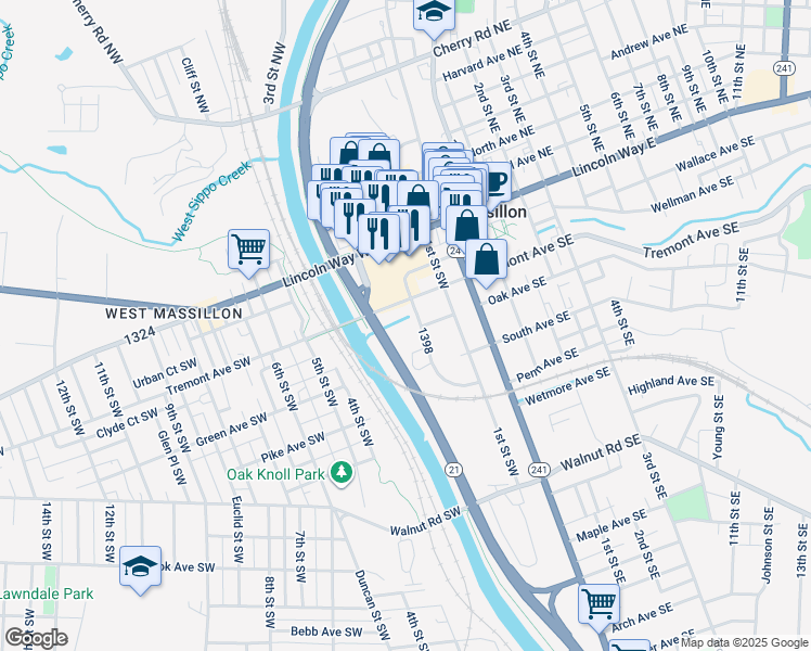 map of restaurants, bars, coffee shops, grocery stores, and more near 223 2nd Street Southwest in Massillon
