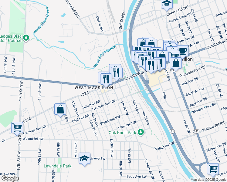 map of restaurants, bars, coffee shops, grocery stores, and more near 619 Lincoln Way West in Massillon