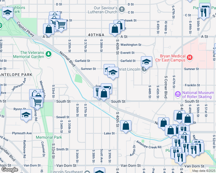 map of restaurants, bars, coffee shops, grocery stores, and more near 1801 South 40th Street in Lincoln