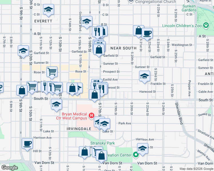 map of restaurants, bars, coffee shops, grocery stores, and more near 1725 Euclid Avenue in Lincoln