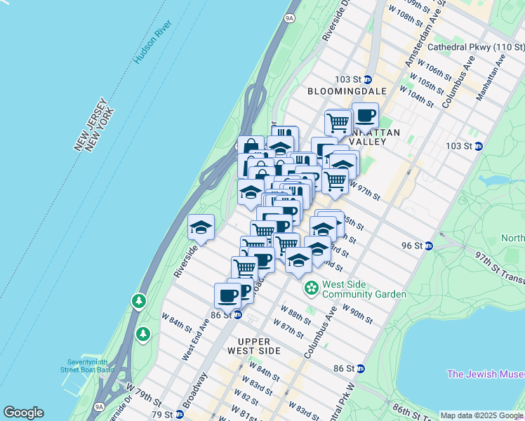 map of restaurants, bars, coffee shops, grocery stores, and more near 675 West End Avenue in New York